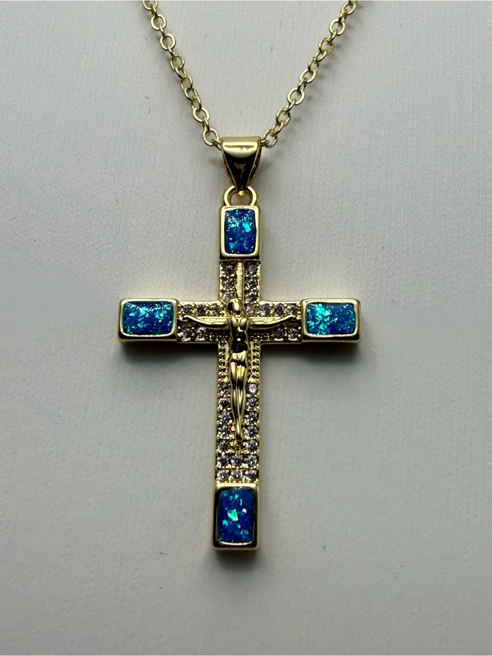 16”–18” Adjustable 18K Gold Dipped Blue/Green Opal Jesus Cross Necklace